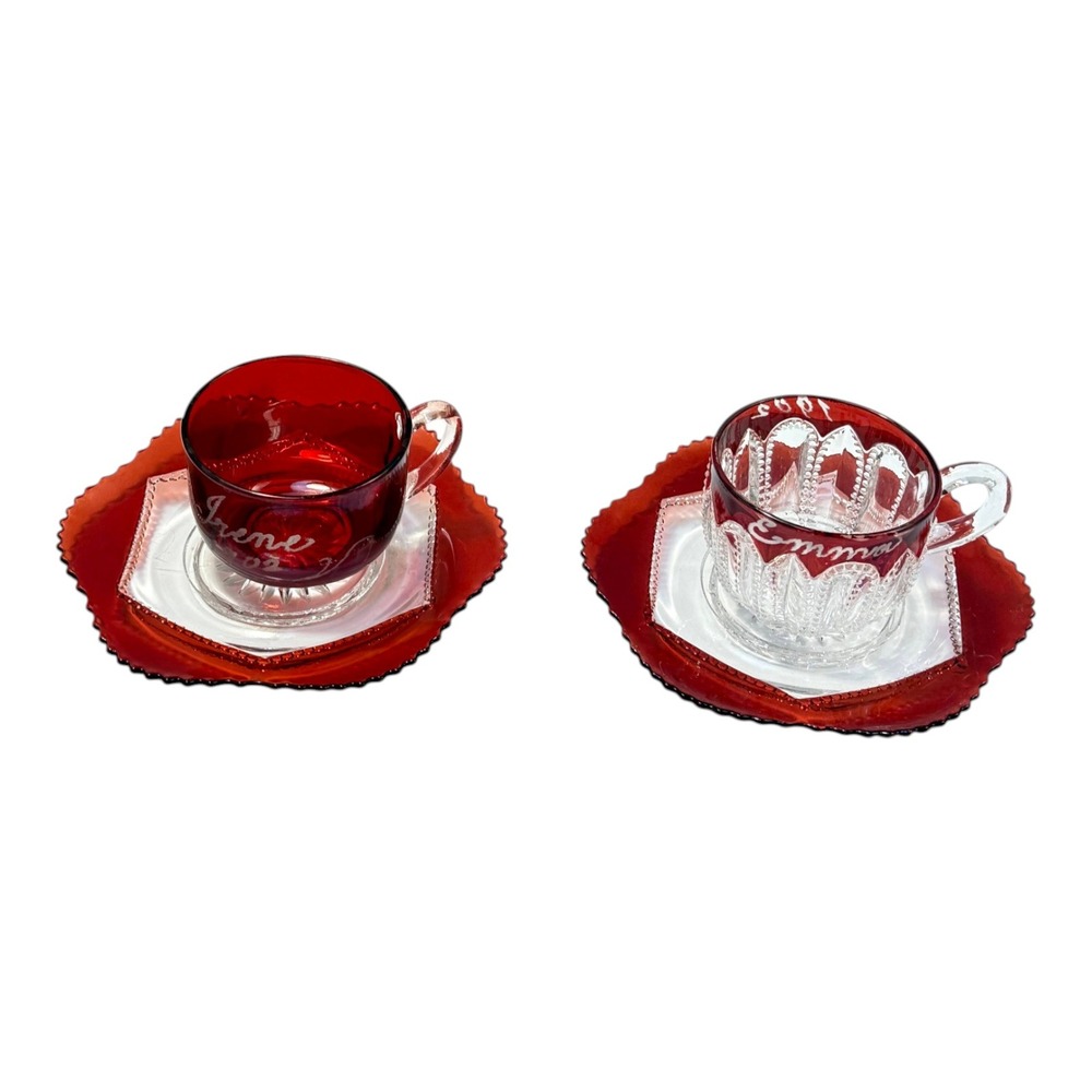 Antique Ruby Stained Souvenir Glass Cup Saucer Red 1902 Lot 2 Sisters Irene Emma